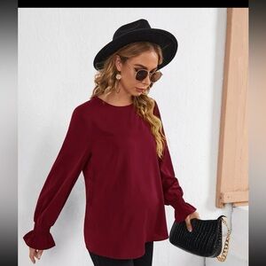 3/$13 Maternity flounce sleeve keyhole back detail blouse size medium burgundy
